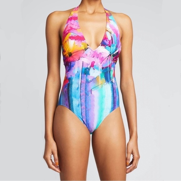 NWT Gottex Halter-Neck Printed One-Piece Swimsuit Italian Summer - Picture 1 of 10